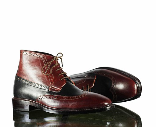 Handmade Men’s Burgundy Black Leather Ankle High Chukka Style Boots, Men Wingtip Lace Up Boots