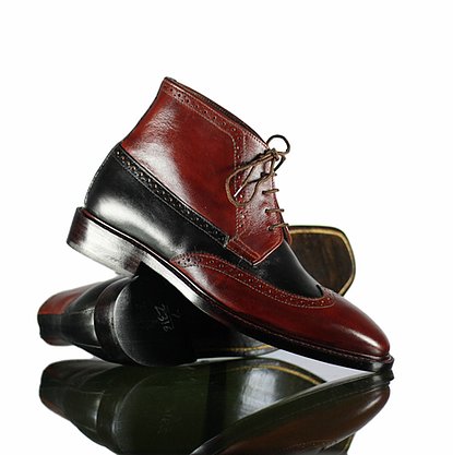 Handmade Men’s Burgundy Black Leather Ankle High Chukka Style Boots, Men Wingtip Lace Up Boots