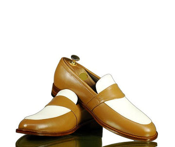 Designer Mens Handmade Tan White Casual Shoes, Mens Fancy Loafer Style Shoes