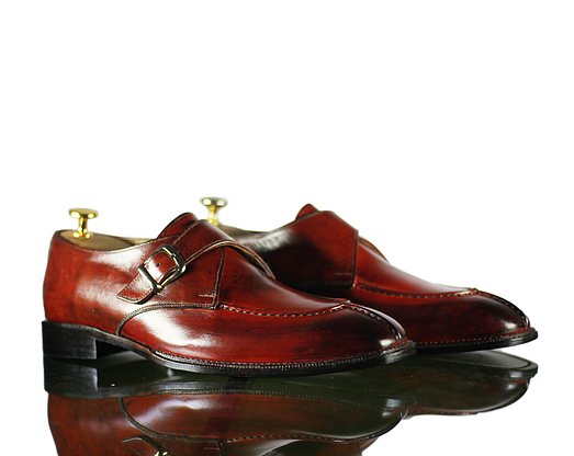 New Handmade Men's Burgundy Leather Split Toe Monk Strap Shoes, Men Dress Fashion Driving Shoes