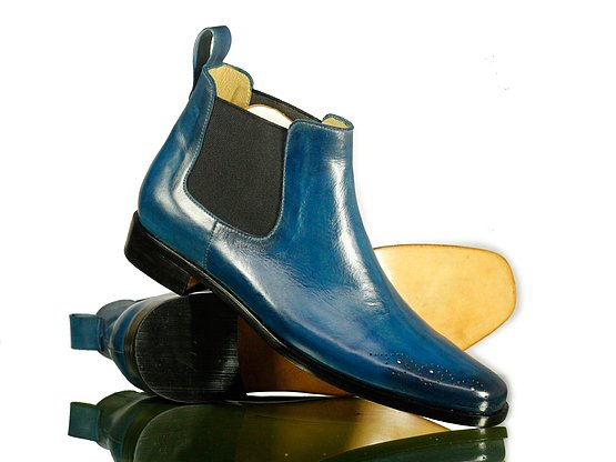 Handmade Mens Blue Color Leather Chelsea Brogue Toe Boots, Men Ankle High Boots