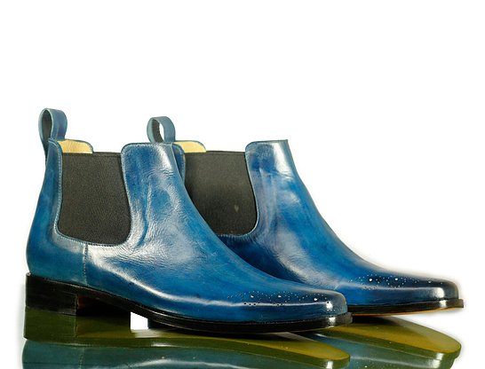 Handmade Mens Blue Color Leather Chelsea Brogue Toe Boots, Men Ankle High Boots