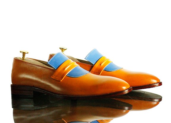 New Handmade Men's Tan Blue Leather Penny Loafers, Men Dress Fashion Driving Shoes