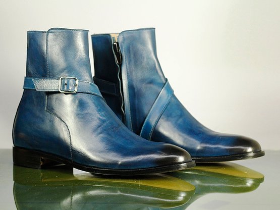 Mens Beautiful Handmade Blue Jodhpur Leather Boots, Men’s Ankle High Elegant Boot