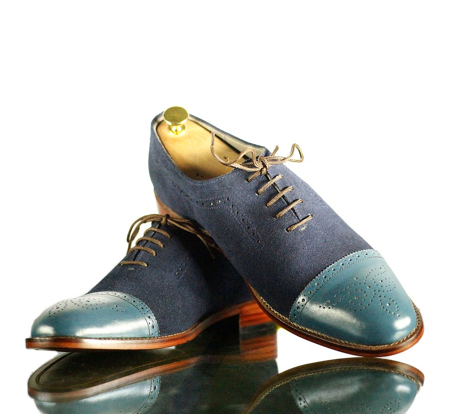 Stylish New Handmade Men's Blue Leather Cap Toe Brogue Lace Up Shoes, Men Dress Formal Shoes