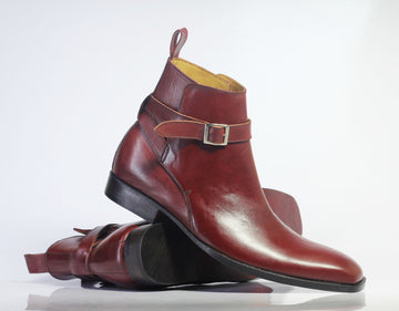 Formal Handmade Men's Burgundy Leather Jodhpur Strap Boots, Men Ankle Boots, Men Fashion Boots