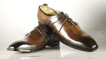 New Handmade Men's Brown Leather Double Monk Strap Shoes, Men Dress Formal Shoes