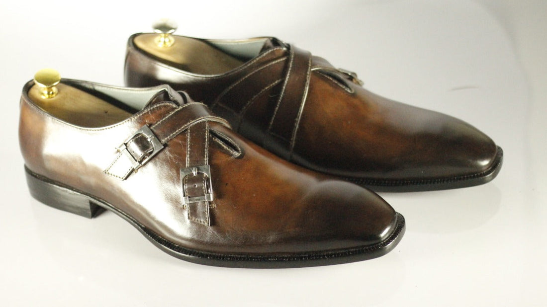 New Handmade Men's Brown Leather Double Monk Strap Shoes, Men Dress Formal Shoes