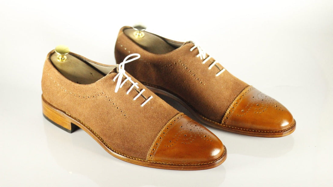 Stylish Handmade Men's Brown Leather Suede Cap Toe Brogue Lace Up Shoes, Men Dress Formal Shoes