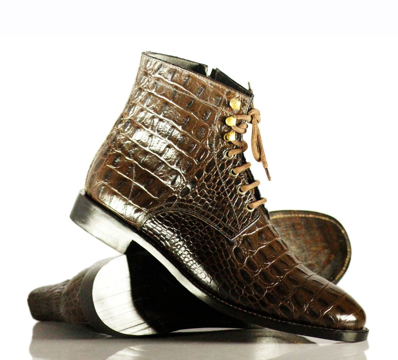 Stylish Handmade Men's Brown Alligator Textured Leather Lace Up &amp; Side Zipper Boots, Men Ankle Boots, Men Fashion Boots