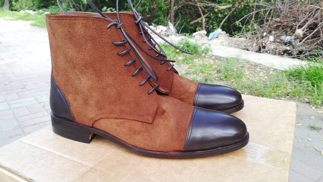 Handmade Awesome Mens Brown Color Leather Suede Cap Toe Boots, Mens Ankle High Lace UP Boots