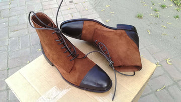 Handmade Awesome Mens Brown Color Leather Suede Cap Toe Boots, Mens Ankle High Lace UP Boots