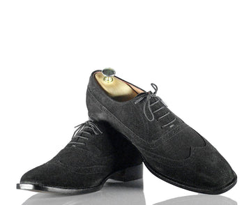 Stylish Handmade Men’s Black Color Suede Shoes, Mens Wing Tip Formal Dress Lace Up Shoes