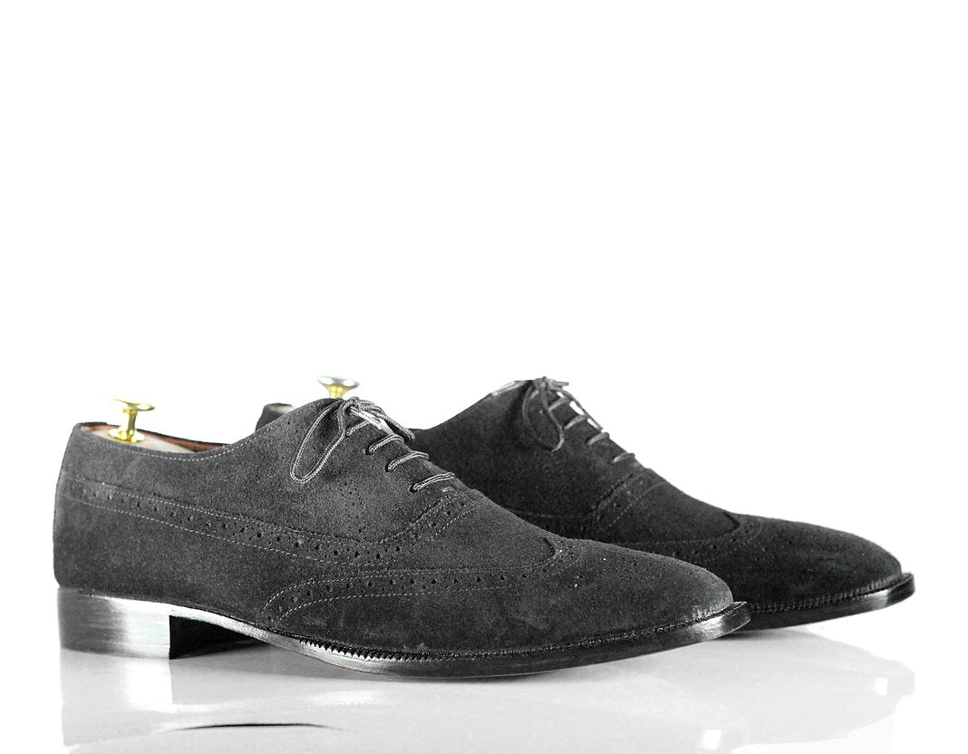 Stylish Handmade Men’s Black Color Suede Shoes, Mens Wing Tip Formal Dress Lace Up Shoes