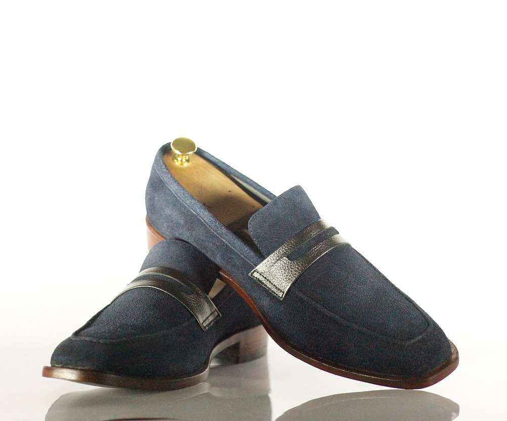 Mens Handmade Navy Color Suede Casual Shoes, Men’s Penny Loafer Stylish Fashion Shoes