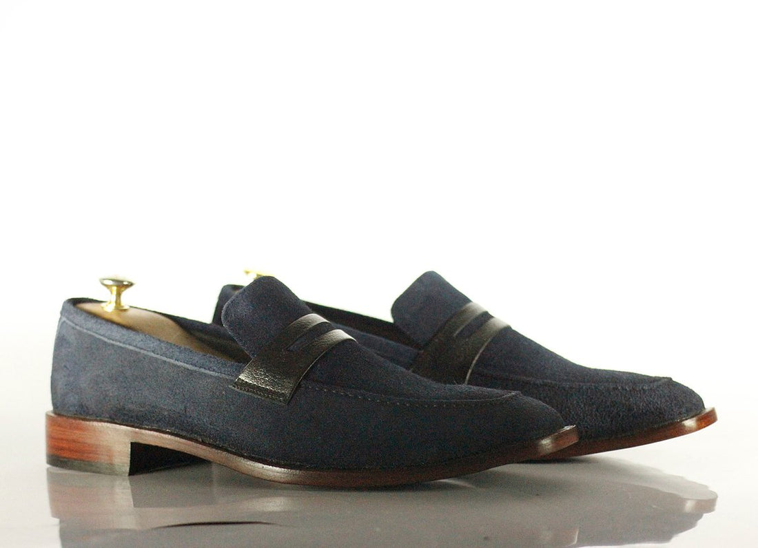 Mens Handmade Navy Color Suede Casual Shoes, Men’s Penny Loafer Stylish Fashion Shoes