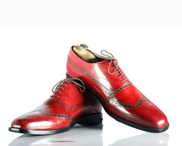 Stylish New Handmade Men's Burgundy Leather Wing Tip Lace Up Shoes, Men Dress Formal Shoes