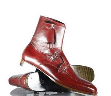 Mens Handmade Burgundy Color Leather Quad Monk Strap High Ankle Boots, Men Fashion Boots