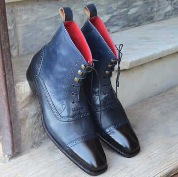 Mens Handmade Blue Black Leather Cap Toe Formal Designer Boots