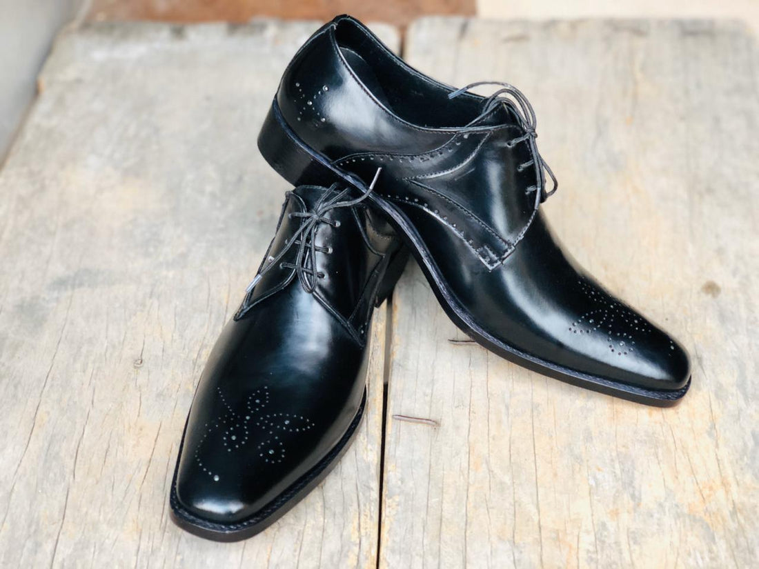 Handmade Men’s Stylish Black Brogue Toe Designer Shoes, Men’s Fancy Black Dress Shoes