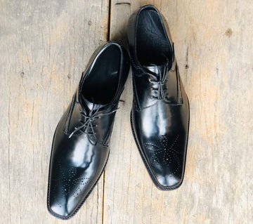 Handmade Men’s Stylish Black Brogue Toe Designer Shoes, Men’s Fancy Black Dress Shoes