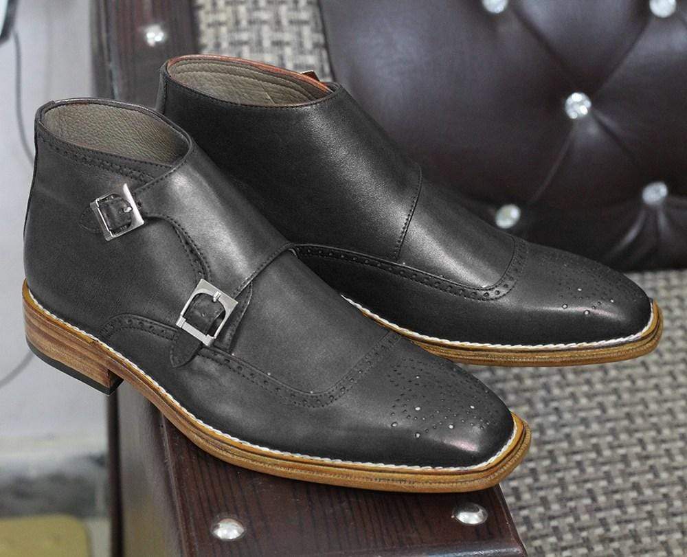 Mens Handmade Black Leather Brogue Double Monk Strap Designer Boots, Men Formal Fashion Boots