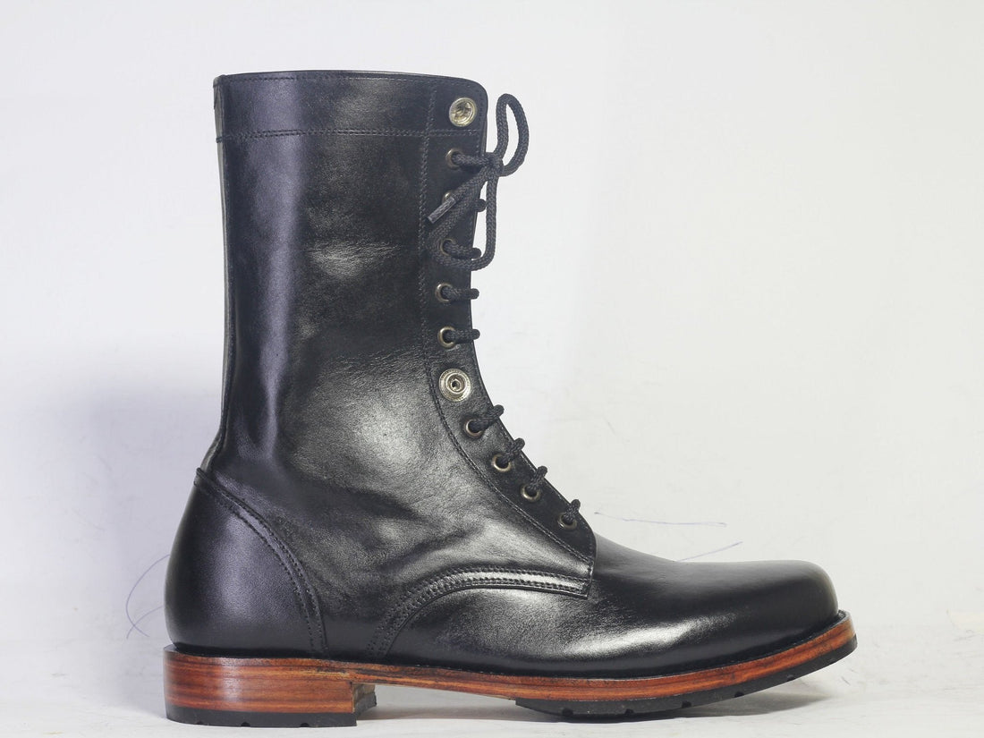 Handmade Mens Formal black Color Leather Lace Up Boots, Men’s Designer Black Ankle High Long Boots