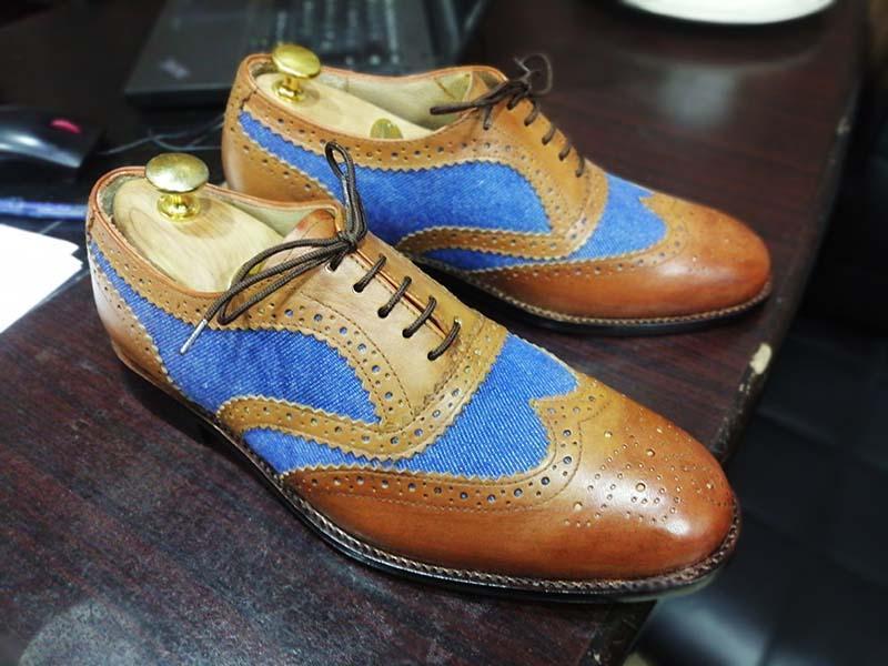 Mens Handmade Blue Brown Leather Wingtip Brogue Lace Up Shoes