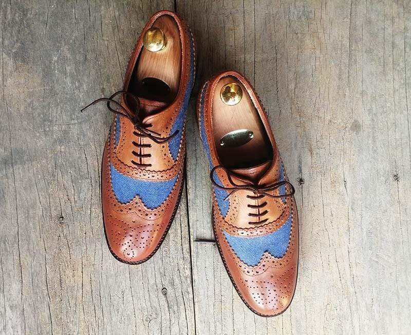 Mens Handmade Blue Brown Leather Wingtip Brogue Lace Up Shoes