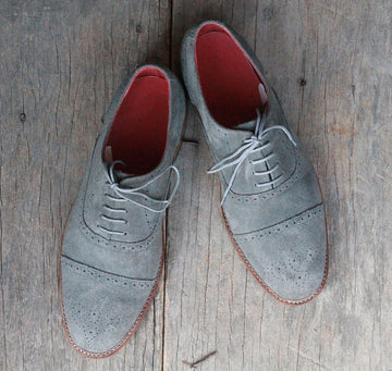 New Handmade Men's Gray Suede Cap Toe Brogue Lace Up Shoes, Men Dress Formal Shoes