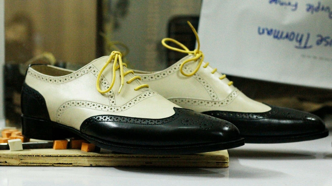 Mens Handmade Leather Wingtip Brogue Shoes, Men’s Formal Dressing Black White Shoes