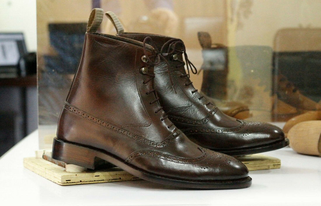 New Handmade Men's Brown Leather Wing Tip Brogue Lace Up Boots, Men Ankle Boots, Men Fashion Boots