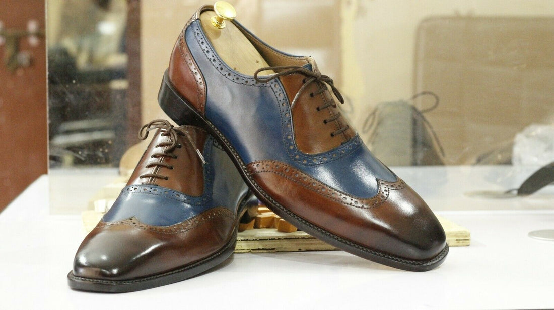 Stylish New Handmade Men's Brown Blue Leather Wing Tip Lace Up Shoes, Men Dress Formal Shoes