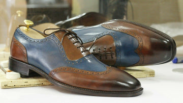 Stylish New Handmade Men's Brown Blue Leather Wing Tip Lace Up Shoes, Men Dress Formal Shoes