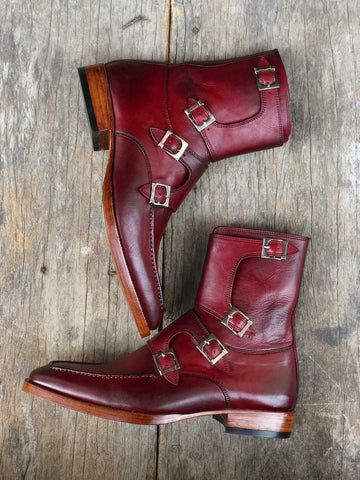 Stylish Handmade Men's Burgundy Leather Buckles Boots, Men Ankle Boots, Men Fashion Boots