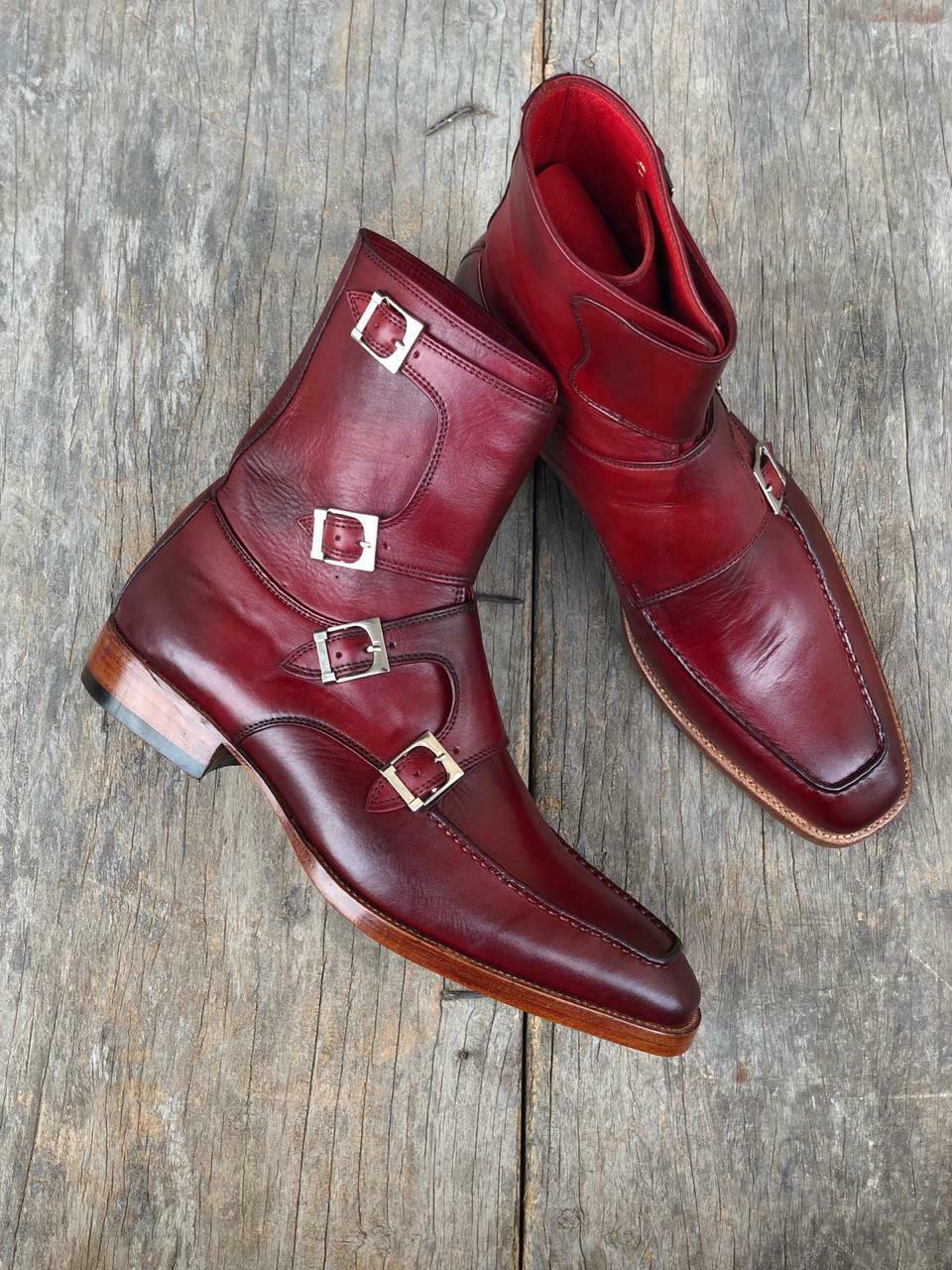 Stylish Handmade Men's Burgundy Leather Buckles Boots, Men Ankle Boots, Men Fashion Boots