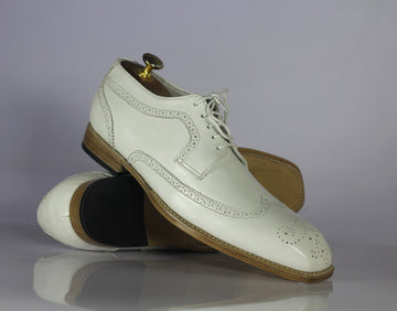 Mens Handmade White Color Leather Wingtip Brogue Lace Up Shoes, Men’s Designer Lavish Style Shoes