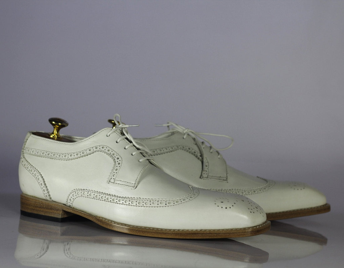 Mens Handmade White Color Leather Wingtip Brogue Lace Up Shoes, Men’s Designer Lavish Style Shoes