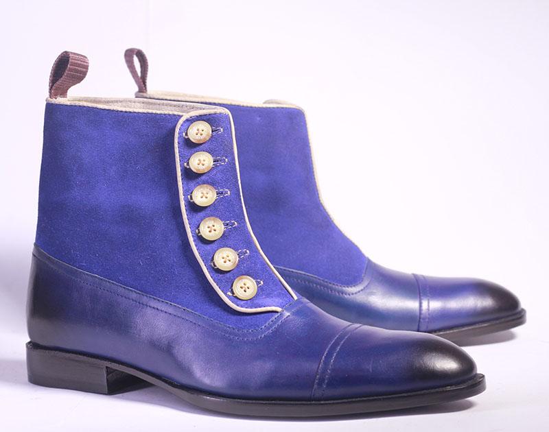 Handmade Mens Blue Color Cap Toe Leather Suede Stylish Button Boots