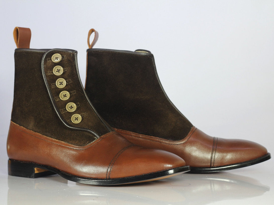 New Handmade Men's Brown Leather Suede Cap Toe Button Boots, Men Ankle Boots, Men Fashion Boots