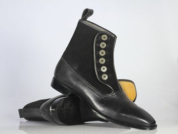 New Handmade Men's Black Leather Suede Cap Toe Button Boots, Men Ankle Boots, Men Fashion Boots