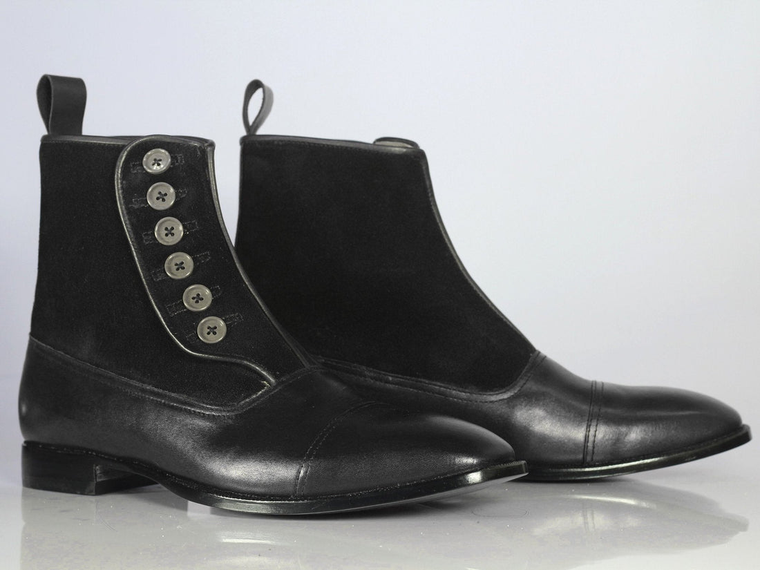 New Handmade Men's Black Leather Suede Cap Toe Button Boots, Men Ankle Boots, Men Fashion Boots