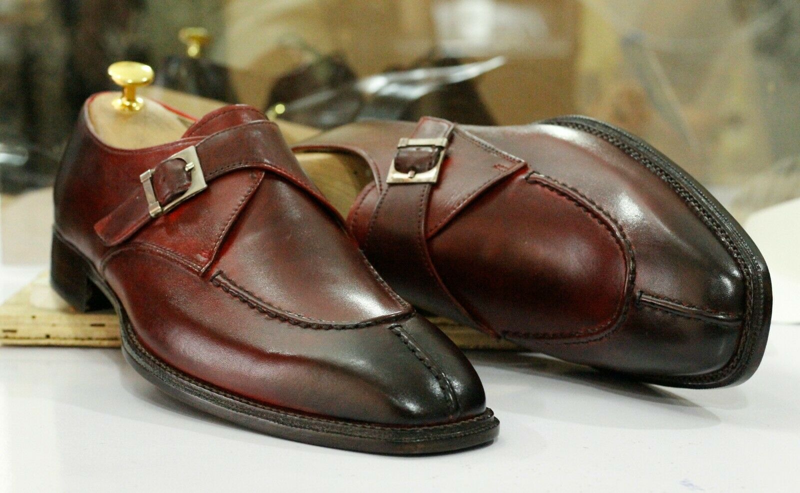 New Handmade Men's Burgundy Leather Split Toe Shoes, Men Monk Strap Designer Dress Shoes