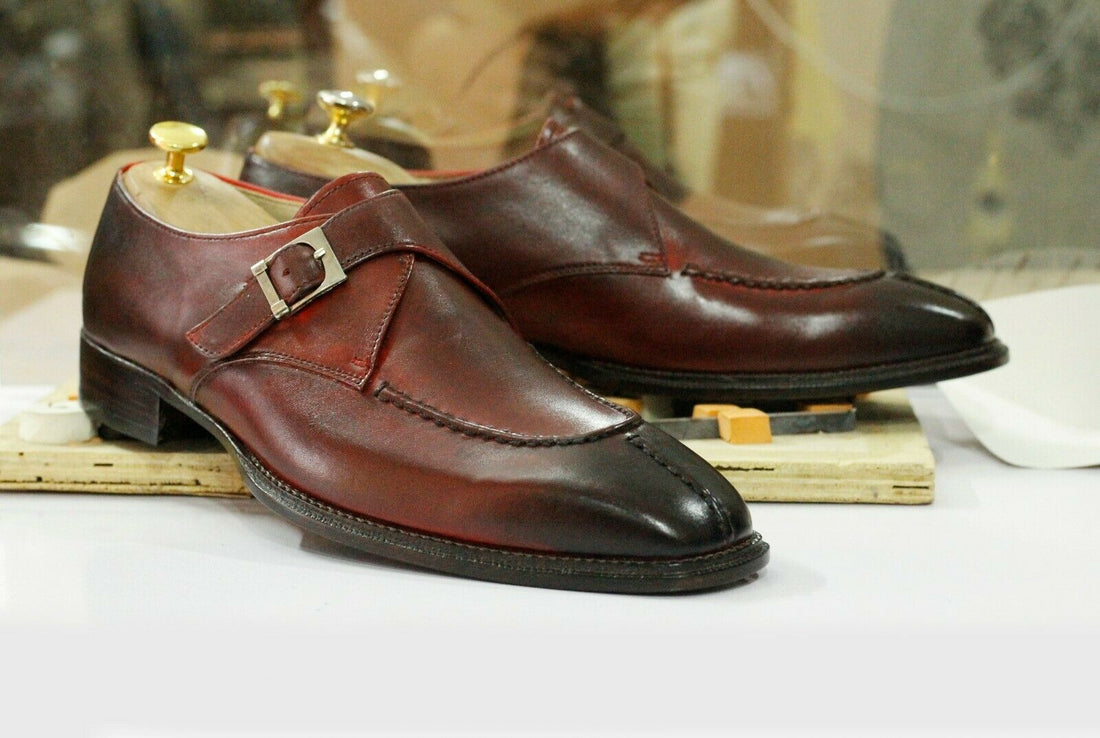 New Handmade Men's Burgundy Leather Split Toe Shoes, Men Monk Strap Designer Dress Shoes