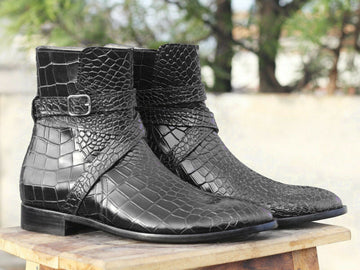 Elegant Handmade Men's Black Alligator Textured Leather Jodhpur Boots, Men Ankle Boots, Men Fashion Boots