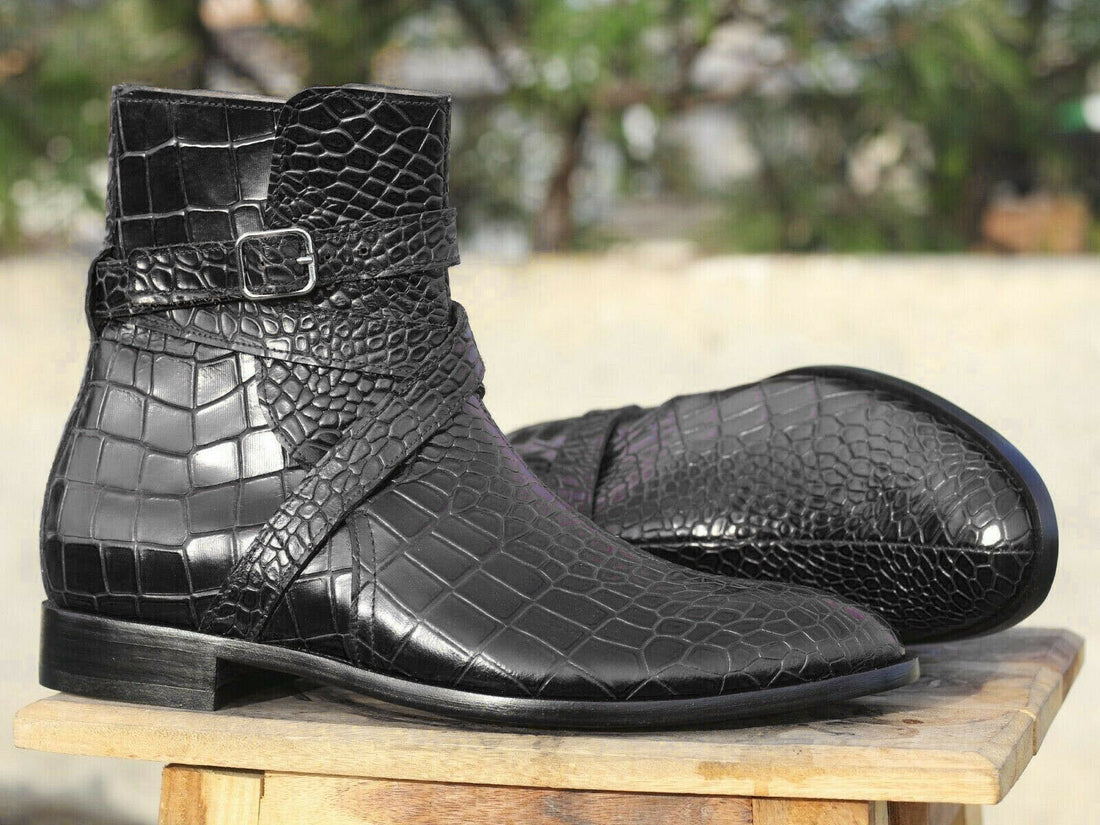 Elegant Handmade Men's Black Alligator Textured Leather Jodhpur Boots, Men Ankle Boots, Men Fashion Boots