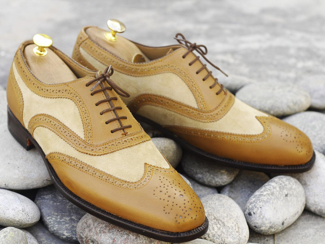 Pure Leather Suede Tan & Beige Wing Tip Brogue Oxford Dress Shoes, Men Designer Dress Formal Shoes