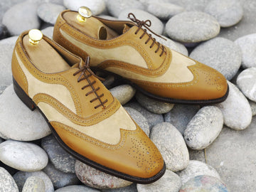 Pure Leather Suede Tan & Beige Wing Tip Brogue Oxford Dress Shoes, Men Designer Dress Formal Shoes