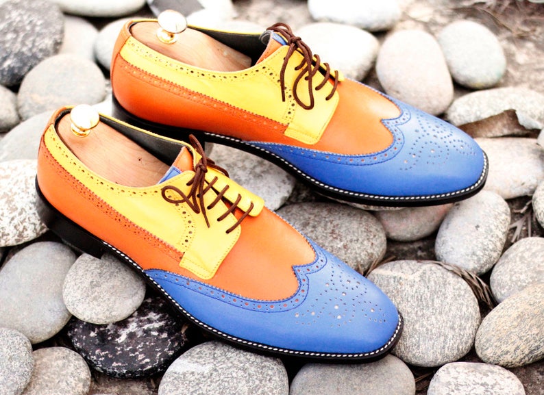 Stylish Handmade Men’s Formal Multicolor Leather Wingtip Brogue Shoes, Mens Designer Lace Up Oxford Shoes