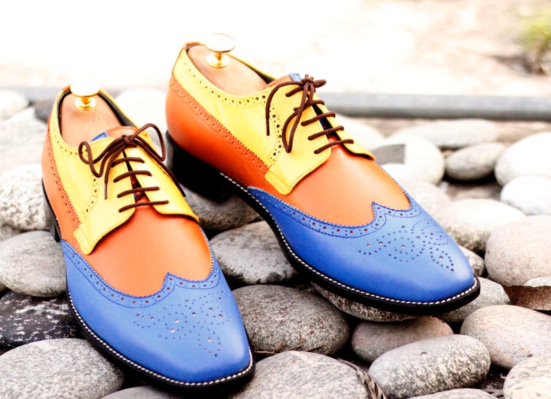 Stylish Handmade Men’s Formal Multicolor Leather Wingtip Brogue Shoes, Mens Designer Lace Up Oxford Shoes